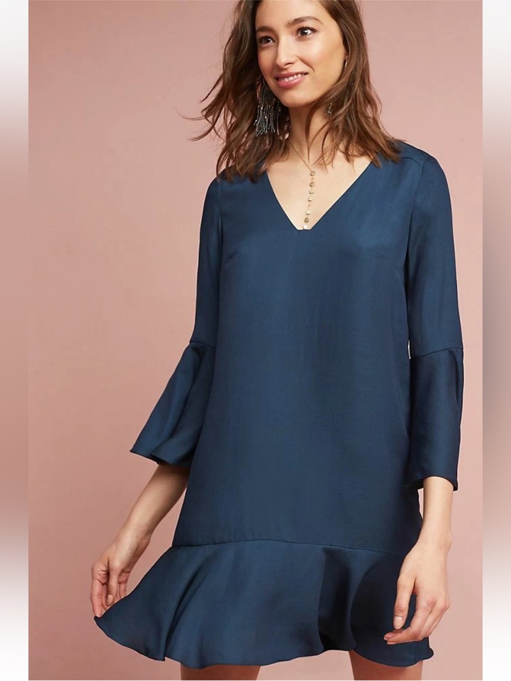 Anthropologie Maeve Galway Fluttered Navy V-Neck Ruffle-Hem Tunic